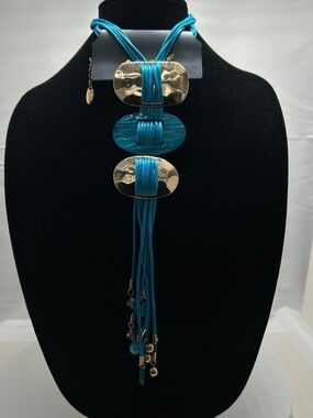 Jules, Blue And Hammered Gold Long Necklace, NOC